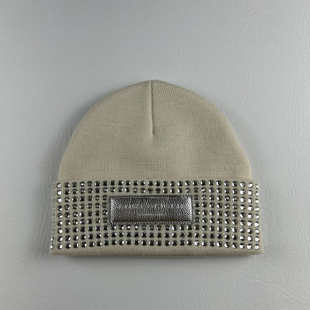 Kurt Geiger Beige Silver Studded Beanie Women’s Knit Cuffed Logo Hat